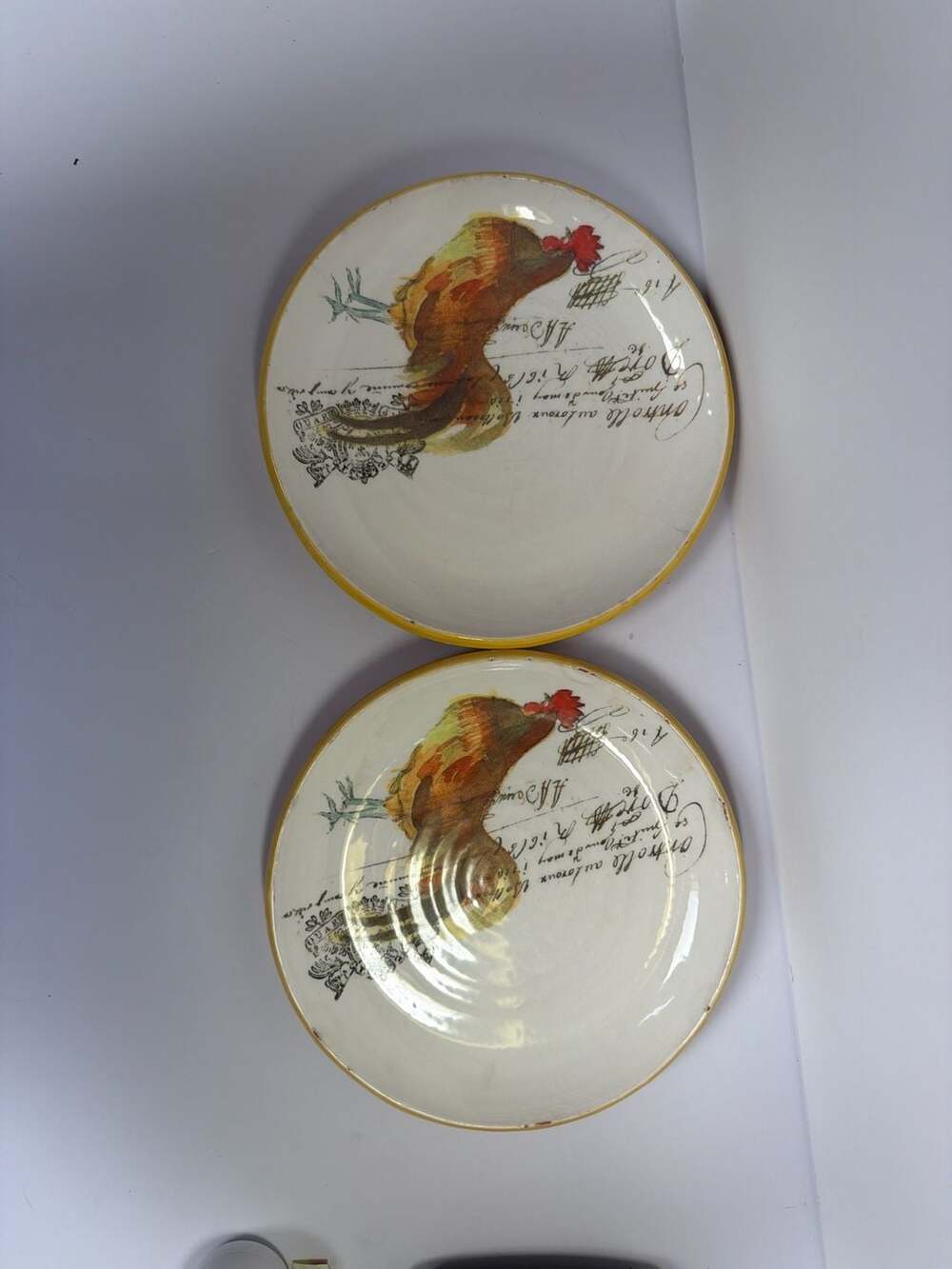 Set of 2 Williams-Sonoma Rooster Script Italian Terracotta 9-inch Salad Plates